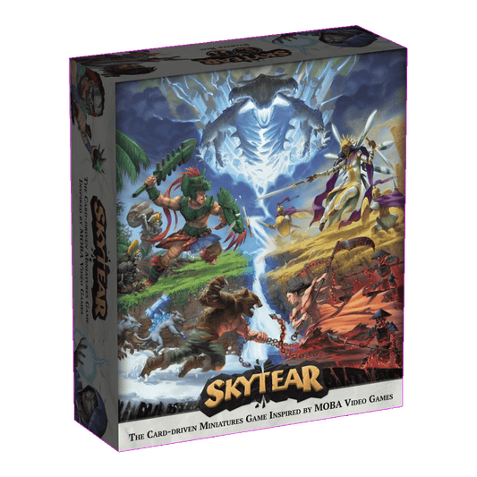 The image shows the box for Skytear Starter Box (Season One) by PvP Geeks, a fantasy miniatures game inspired by MOBA video games, with cover art of characters battling using elemental powers. The tagline highlights its card-driven gameplay.