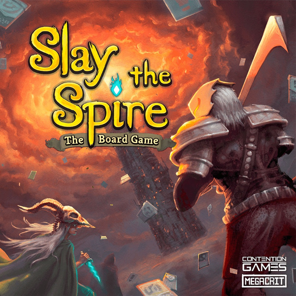 The cover of Contention Games' Slay the Spire: The Board Game shows a sword-wielding knight facing a horned figure, with a fiery vortex and floating cards behind them—a co-operative deck-building challenge.