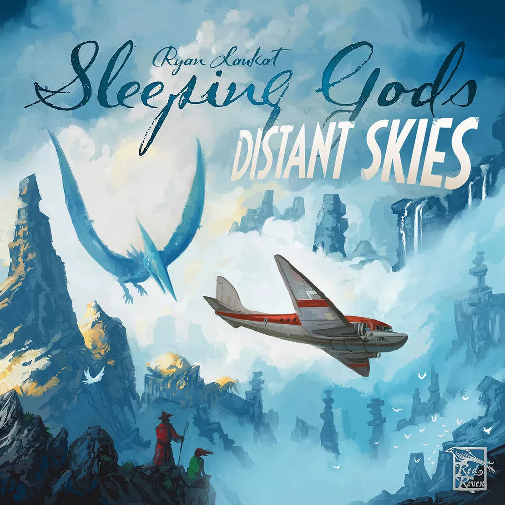 The illustrated cover for Sleeping Gods: Distant Skies by Red Raven Games features a vintage airplane over rocky cliffs, with a blue dragon soaring above and two figures watching from a ledge below.