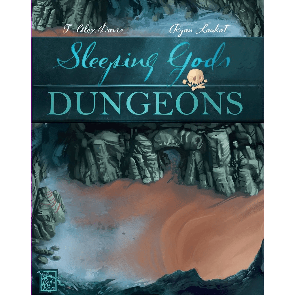The Sleeping Gods: Dungeons Expansion by Red Raven Games features rocky cliffs around sand on its cover. The blue-green title has a skull beneath "Sleeping," and creators T. Alex Davis and Ryan Laukat are listed at the top.