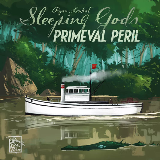 A white steamship with a red flag sails a murky jungle river as an alligator swims nearby. The cover shows “Sleeping Gods: Primeval Peril” by Red Raven Games, a standalone campaign created by Ryan Laukat.