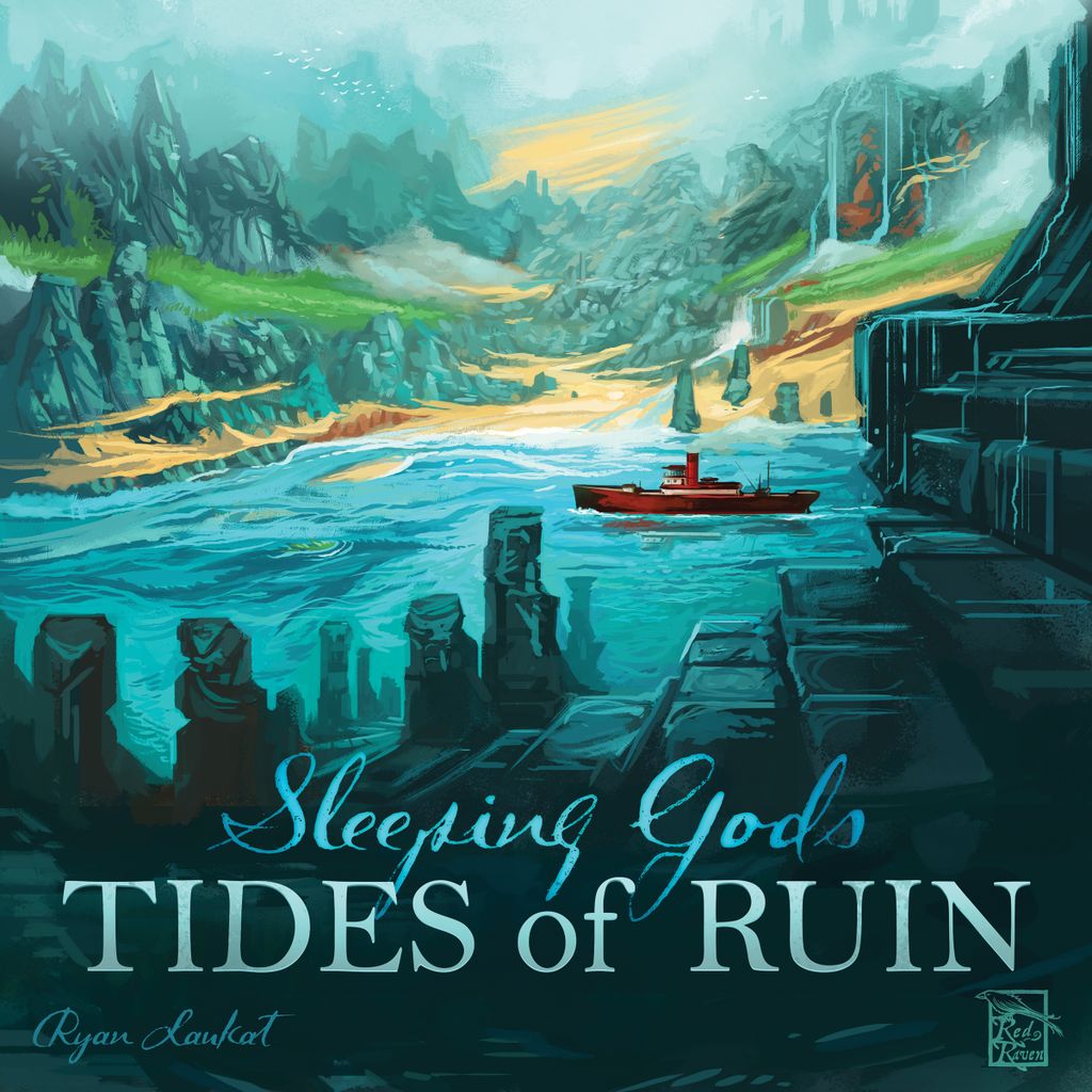 A red boat sails on turquoise waters past rocky ruins, green mountains, and a cloudy sky. Text: Sleeping Gods: Tides of Ruin Expansion by Red Raven Games—a board game expansion by Ryan Laukat.