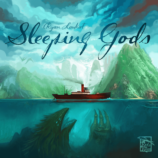 A red ship sails on blue-green waters amid misty mountains, while a sea monster lurks below. The cooperative board game Sleeping Gods by Red Raven Games is boldly titled above this striking scene.