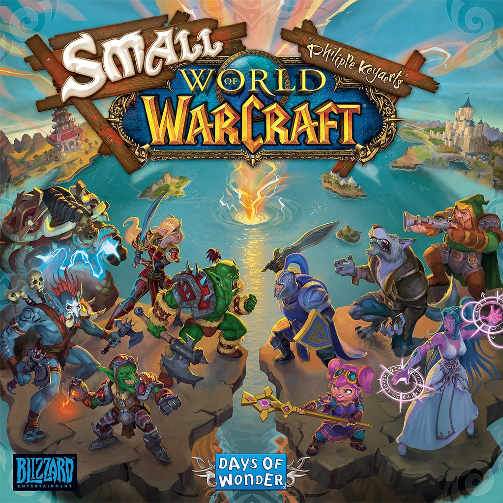 The cover art for Days of Wonder’s Small World of Warcraft shows vibrant Warcraft fantasy characters ready for battle by a glowing sword, set against a coastal landscape with a castle in the background.