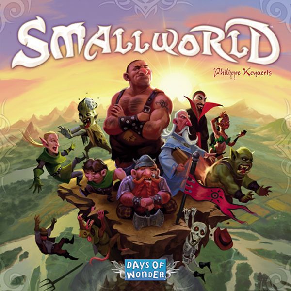 A colorful group of fantasy characters, like a giant, elf, dwarf, wizard, skeleton, and orc, stand on a rocky hilltop at sunrise. "Small World" by Days of Wonder is written at the top.