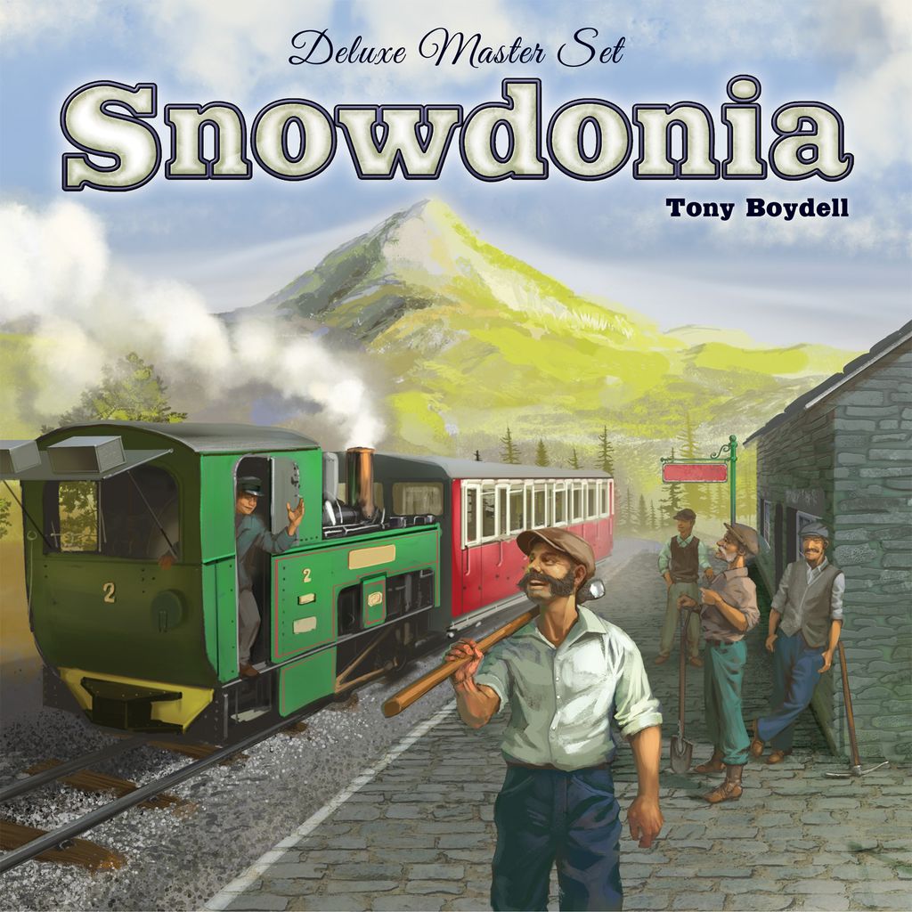 Illustration of a green and red steam train at a rural station, with workers and passengers, set among hills and mountains. The text reads: Snowdonia: Deluxe Master Set by NSKN Games—an acclaimed railway board game by Tony Boydell.