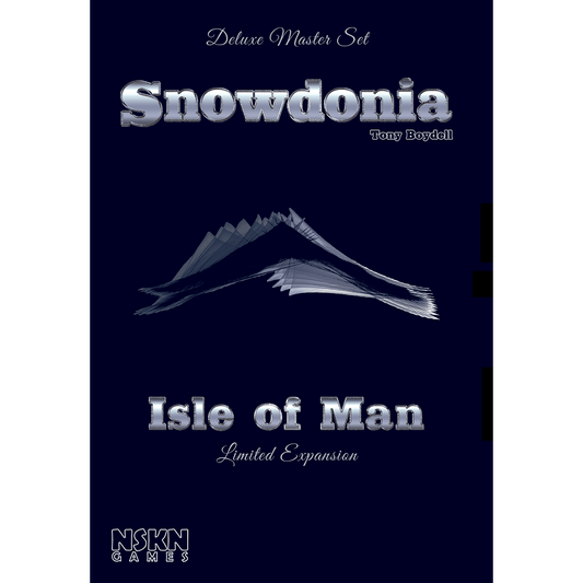 Dark blue cover for Snowdonia: Isle of Man Expansion board game accessory, by NSKN Games. Features minimalist mountain outline and stylized white text; publisher logo appears at the bottom.
