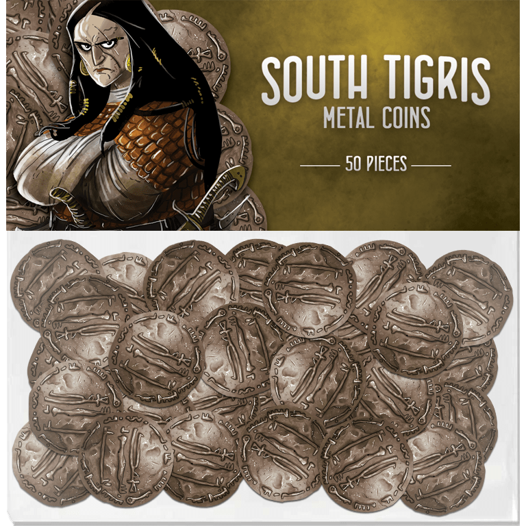 A package of South Tigris Metal Coins by Garphill Games (50 pieces) shows an armored woman and a pile of intricately designed silver-colored metal coins, inspired by the acclaimed trilogy games.