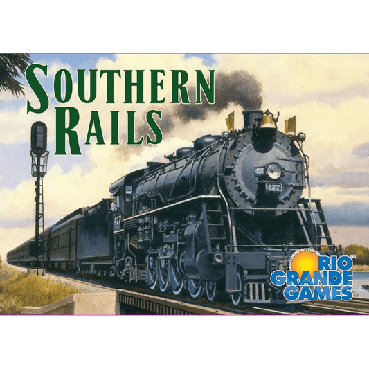 A black steam locomotive pulls passenger cars along tracks under the title Southern Rails, a rail game from Rio Grande Games for 3-5 players. A signal tower stands by the train, with the Rio Grande Games logo in the bottom right corner.