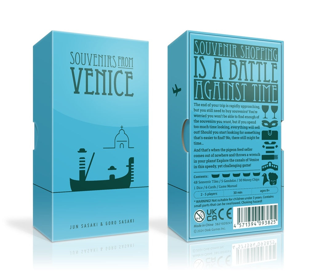 Two blue "Souvenirs from Venice" boxes by Oink Games show black silhouettes of landmarks and gondolas. The back likens souvenir shopping to a board game, with icons for suitcases, souvenirs, and tile collection fun.