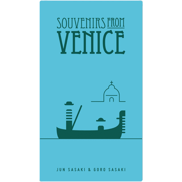 A minimalist blue cover for "Souvenirs from Venice" by Oink Games features a gondola, lamppost, and domed building, inspired by elegant tile collections. Authors Jun Sasaki & Goro Sasaki are credited at the bottom.