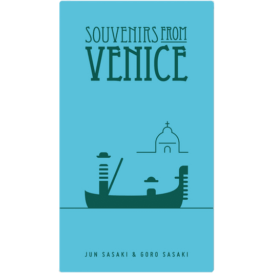 A minimalist blue cover for "Souvenirs from Venice" by Oink Games features a gondola, lamppost, and domed building, inspired by elegant tile collections. Authors Jun Sasaki & Goro Sasaki are credited at the bottom.