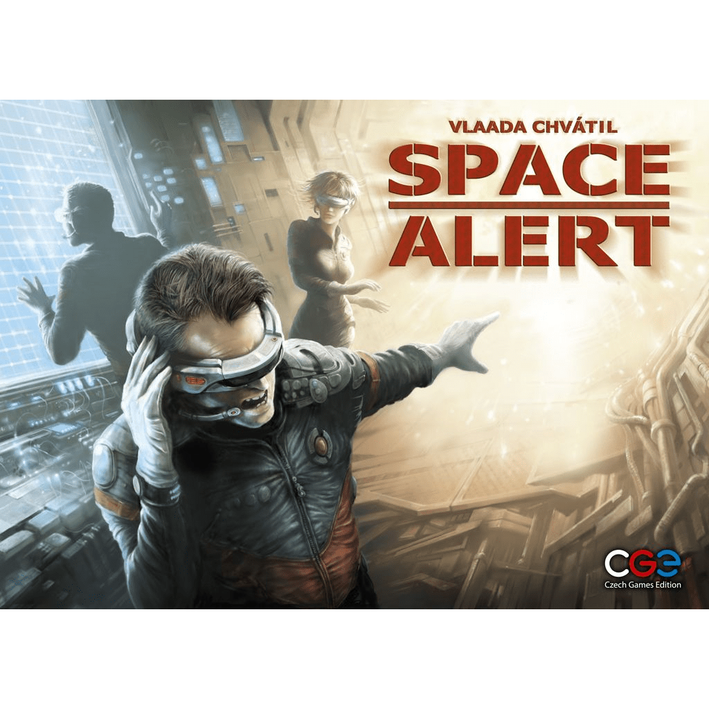 The cover art for Space Alert by Czech Games Edition (CGE) shows three people in futuristic suits: one with a visor gesturing urgently, one at a screen, and one looking concerned. Real-time gameplay is highlighted; title and author stand out.