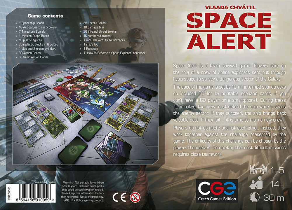 Back cover of Space Alert by Czech Games Edition (CGE), featuring game board, cards, tokens, and pieces. Describes fast-paced real-time cooperative play for 1-5 players ages 14+, focused on teamwork and survival.