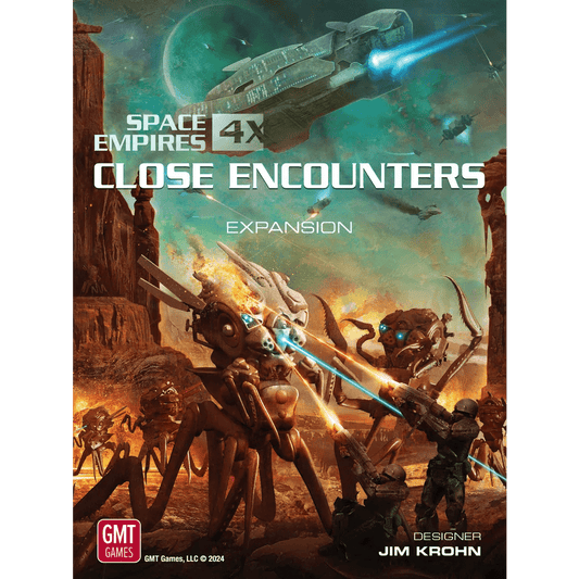 The cover of Space Empires: Close Encounters (Third Printing) by GMT Games features humans fighting alien spider-robots on a barren world, with a spaceship above, and introduces new alien races to the adventure.