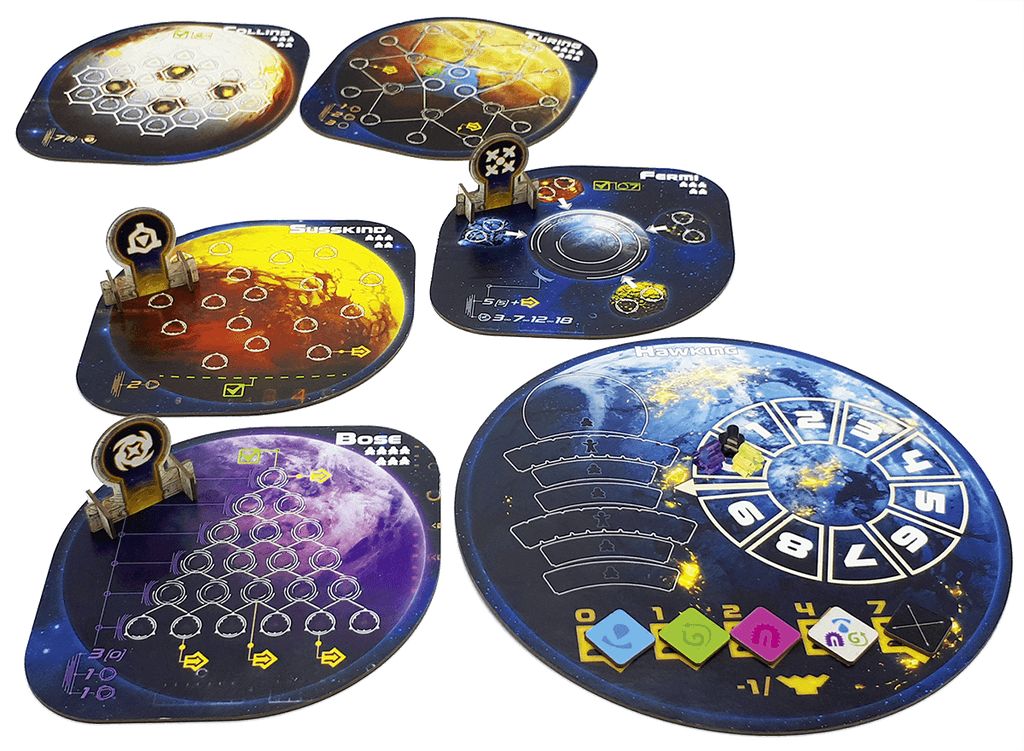 Space Gate Odyssey by Ludonaute features planet-shaped boards with hex grids, dice, tokens, and icon standees on a blue moon board, capturing the excitement of space colonization.