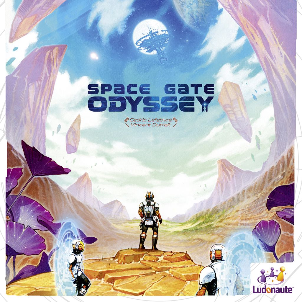 Three astronauts on a rocky alien world with giant purple plants gaze at a floating space station, framed by glowing portals. At the top, "Space Gate Odyssey" by Ludonaute hints at thrilling cosmic colonization adventures.