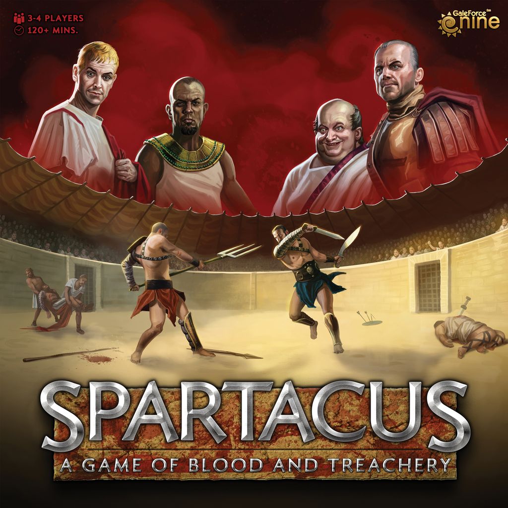 The box cover for Spartacus: A Game of Blood and Treachery Second Edition by Gale Force Nine features four characters above a Roman arena with battling gladiators, plus title and player info at the bottom of this intense strategy game.