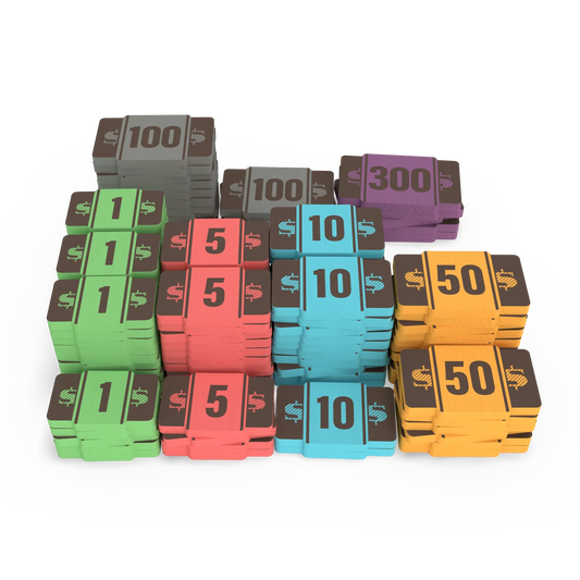 Stacks of colorful rectangular bills in denominations of 1, 5, 10, 50, 100, and 300 are neatly arranged—ideal for use with Eagle-Gryphon Games’ Speakeasy: Wooden Money Tokens.