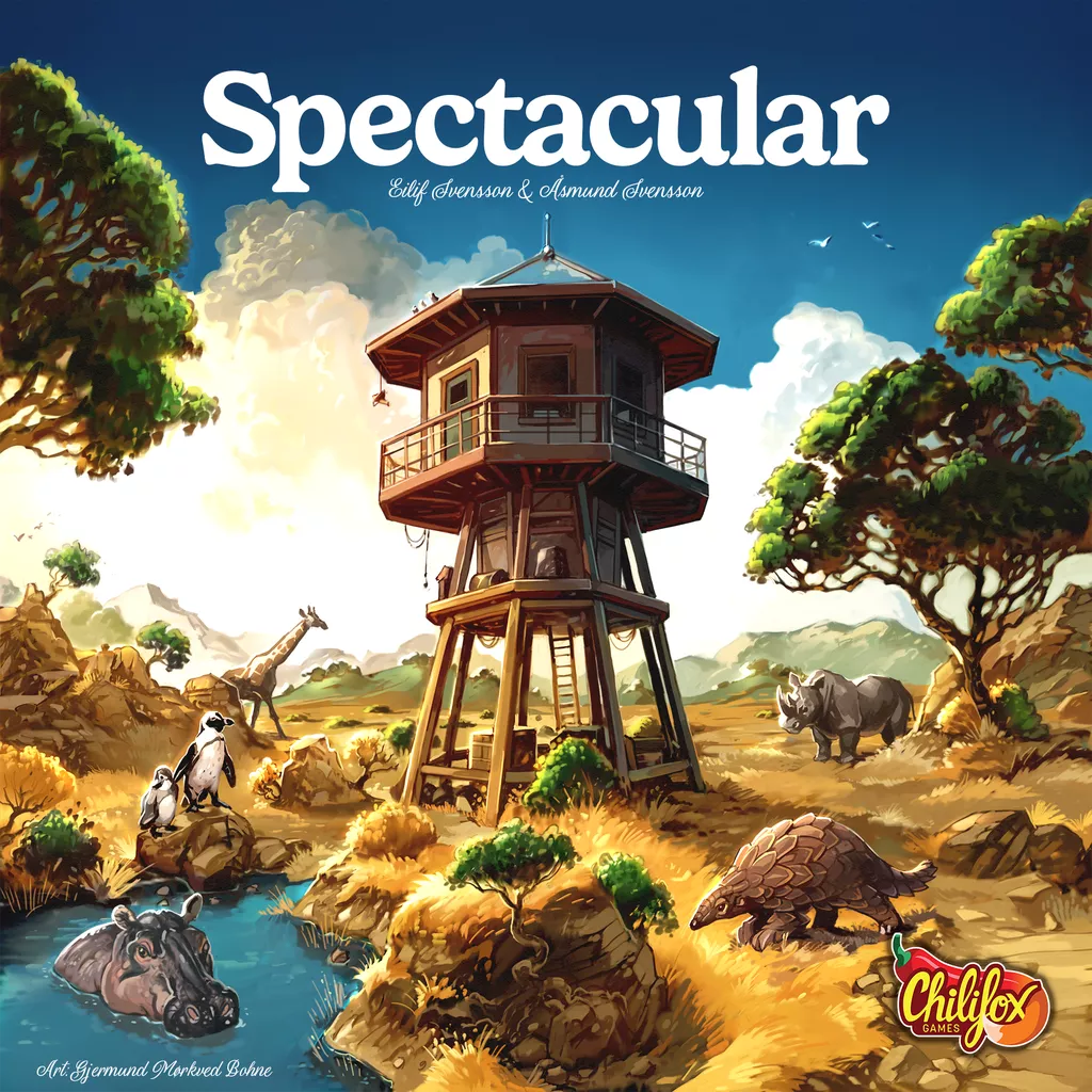 A wooden watchtower on stilts rises above the savanna, with a panda, rhino, pangolin, and hippo nearby under partly cloudy skies. "Spectacular" by Chilifox Games—a perfect inspiration for an endangered species board game.