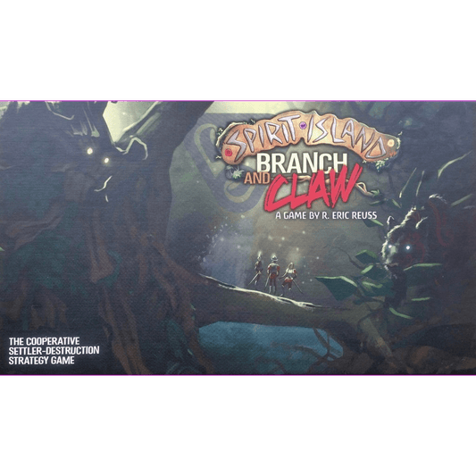 Box cover for Spirit Island: Branch & Claw Expansion by Greater Than Games, featuring a giant tree with glowing eyes and shadowy figures. This cooperative board game expansion is designed by R. Eric Reuss.