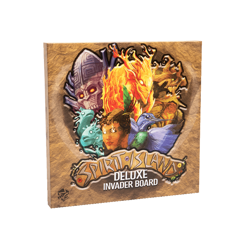 The Spirit Island: Deluxe Invader Board by Greater Than Games features beautifully illustrated elemental spirits and a bold title on a textured brown background, making it the perfect accessory for Spirit Island fans.
