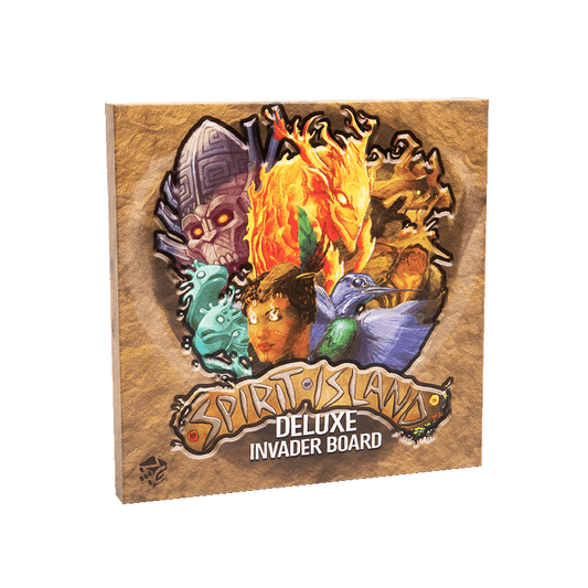 The Spirit Island: Deluxe Invader Board by Greater Than Games features beautifully illustrated elemental spirits and a bold title on a textured brown background, making it the perfect accessory for Spirit Island fans.