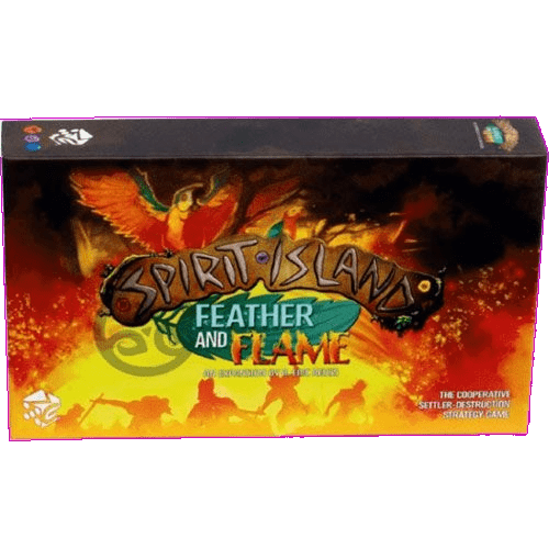 Box cover of the Spirit Island: Feather & Flame Expansion by Greater Than Games, showing a vibrant bird above the title with spirits’ silhouettes against a fiery backdrop.