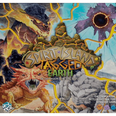 The box cover for Spirit Island: Jagged Earth Expansion by Greater Than Games features colorful elemental creatures bursting from earth fissures, with the game's title boldly displayed across the center.