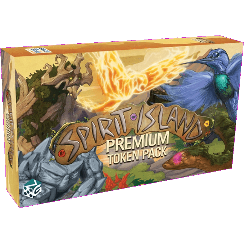 The Spirit Island: Premium Token Pack by Greater Than Games features a box with vivid art of a stone figure, blue bird, trees, and swirling magic around the title, hinting at the quality wooden tokens inside.