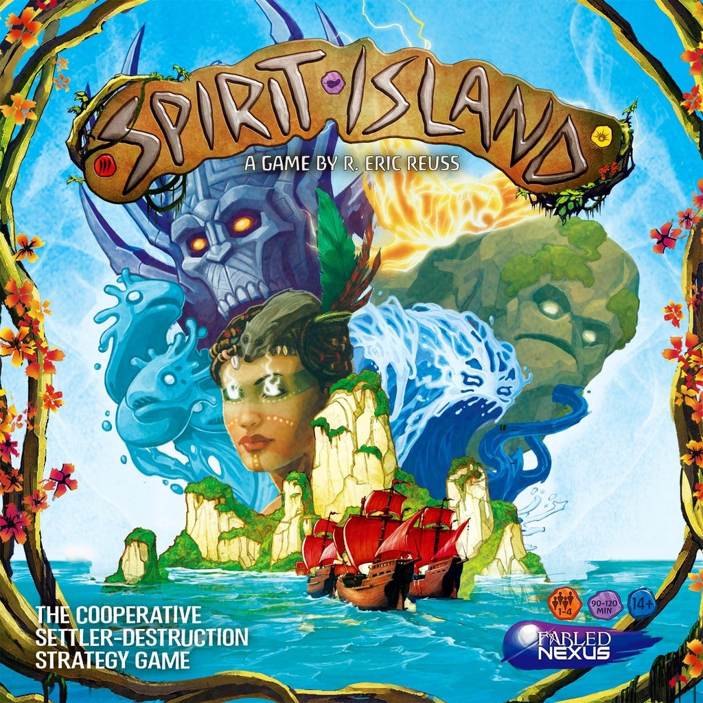 The cover of Greater Than Games' Spirit Island shows vibrant islands, a red ship, and elemental spirits above. In this cooperative board game, players unite to defend the island through strategic play and striking fantasy artwork.