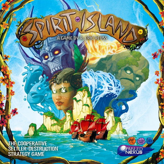 The cover of Greater Than Games' Spirit Island shows vibrant islands, a red ship, and elemental spirits above. In this cooperative board game, players unite to defend the island through strategic play and striking fantasy artwork.