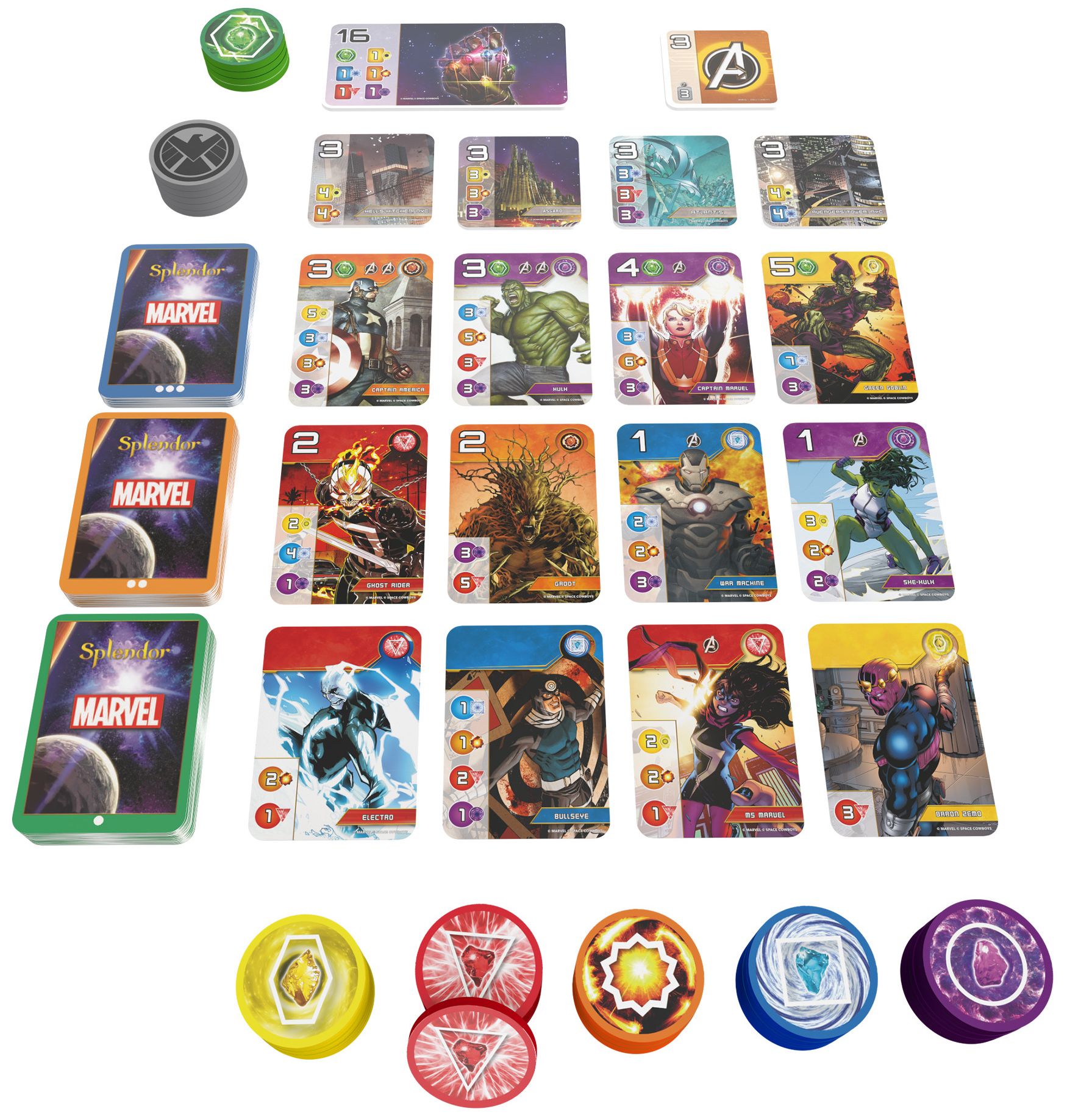 Splendor: Marvel by Space Cowboys setup features rows of character and villain cards, colored gem tokens, green bonus tokens, the Infinity Gauntlet token, card decks, and player reference cards arranged on a white surface.