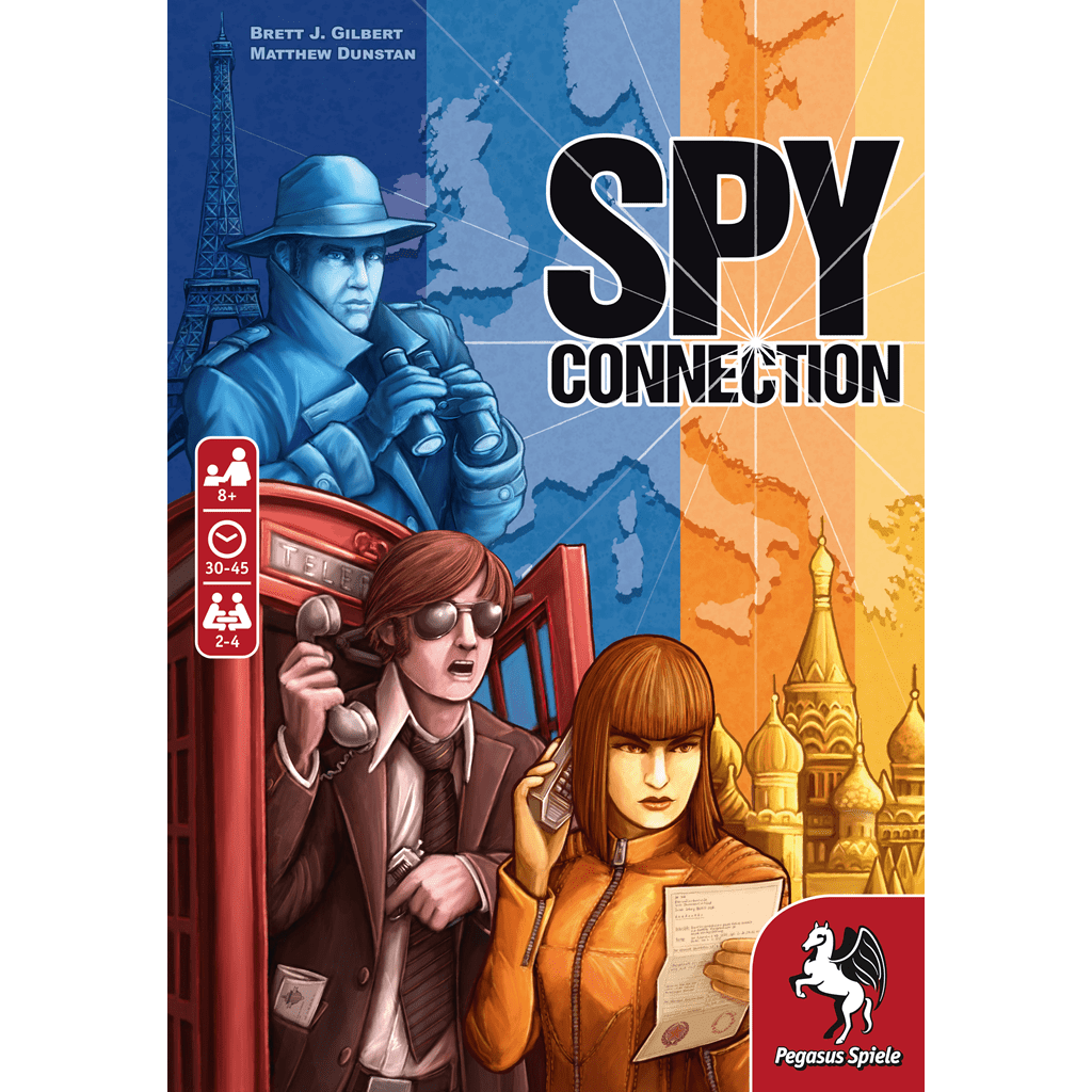 Board game cover for Spy Connection by Pegasus Spiele: Three cartoon spies—man in blue by the Eiffel Tower, man in brown at a red phone booth, and woman in orange with a map—stand before world landmarks and map backgrounds.