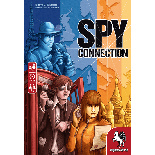 Board game cover for Spy Connection by Pegasus Spiele: Three cartoon spies—man in blue by the Eiffel Tower, man in brown at a red phone booth, and woman in orange with a map—stand before world landmarks and map backgrounds.