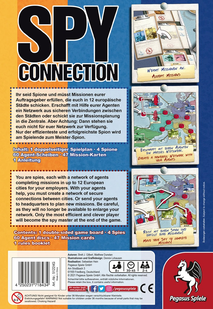 Back cover of Spy Connection by Pegasus Spiele, displaying the game title, German and English description, components list, three images, and the Pegasus Spiele white horse logo on a red background in the bottom right corner.