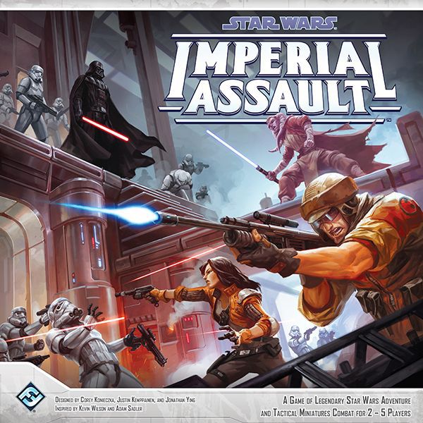 Box cover art for Star Wars: Imperial Assault by Fantasy Flight Games, showing heroes fighting stormtroopers, an alien, and Darth Vader beneath the game’s title amid dynamic action scenes and laser blasts.