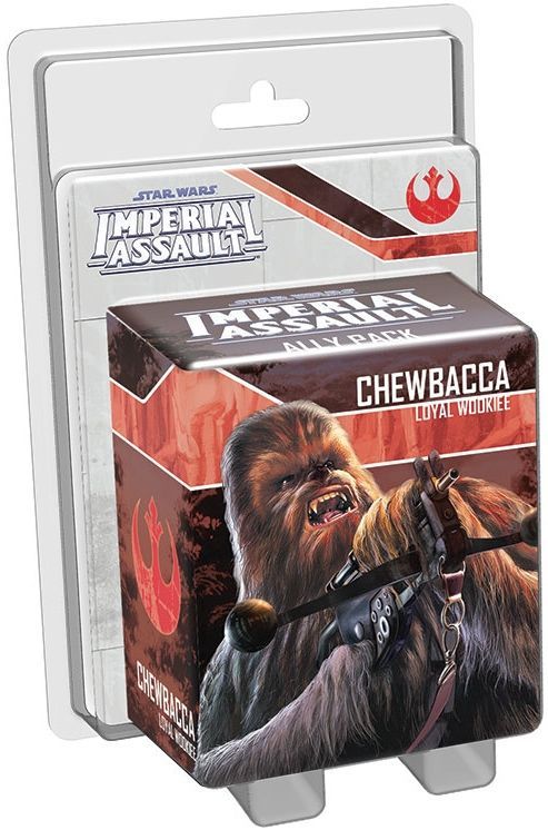 The Star Wars: Imperial Assault Chewbacca Ally Pack by Fantasy Flight Games features Chewbacca with a bowcaster and packaging that displays the Star Wars logo and Rebel Alliance symbol.
