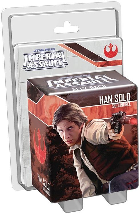 The Fantasy Flight Games Star Wars: Imperial Assault Han Solo Ally Pack features packaging with Han Solo aiming his blaster, alongside the bold display of the game title and character name.