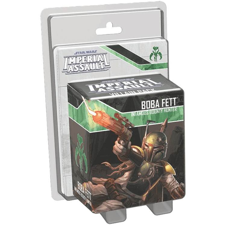 Fantasy Flight Games’ Star Wars: Imperial Assault – Boba Fett Villain Pack Expansion features Boba Fett in Mandalorian armor, aiming a blaster. The box displays the game and character names prominently.