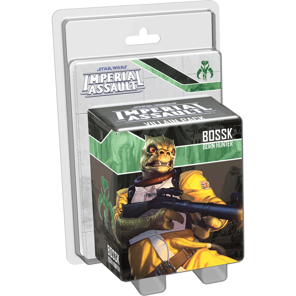 The Fantasy Flight Games Star Wars: Imperial Assault – Bossk Villain Pack Expansion features the Trandoshan bounty hunter in yellow armor with a blaster. The box displays the game title, character name, and Bossk’s illustration.