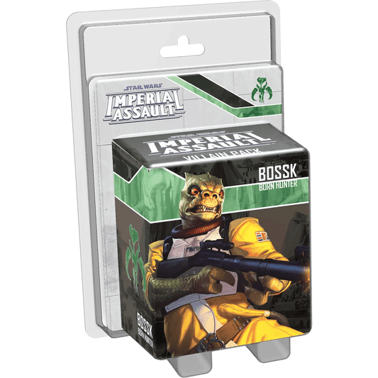 The Fantasy Flight Games Star Wars: Imperial Assault – Bossk Villain Pack Expansion features the Trandoshan bounty hunter in yellow armor with a blaster. The box displays the game title, character name, and Bossk’s illustration.