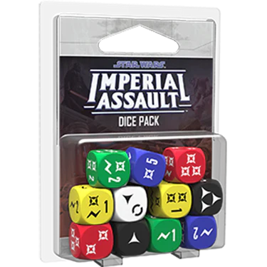 The Star Wars: Imperial Assault – Dice Pack by Fantasy Flight Games includes a set of red, blue, green, yellow, white, and black gaming dice with symbols and numbers for Imperial Assault.