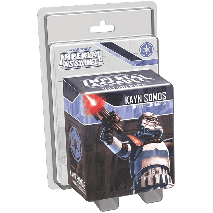 Fantasy Flight Games’ Star Wars: Imperial Assault – Kayn Somos Villain Pack Expansion is shown in packaging, featuring dynamic artwork of the Trooper Commander firing a blaster on the front.