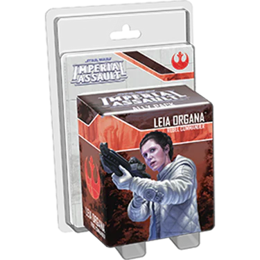 The Star Wars: Imperial Assault – Leia Organa Ally Pack Expansion by Fantasy Flight Games features Leia in white with a blaster, Rebel Alliance symbols, and game branding—ideal for players expanding with Return to Hoth.