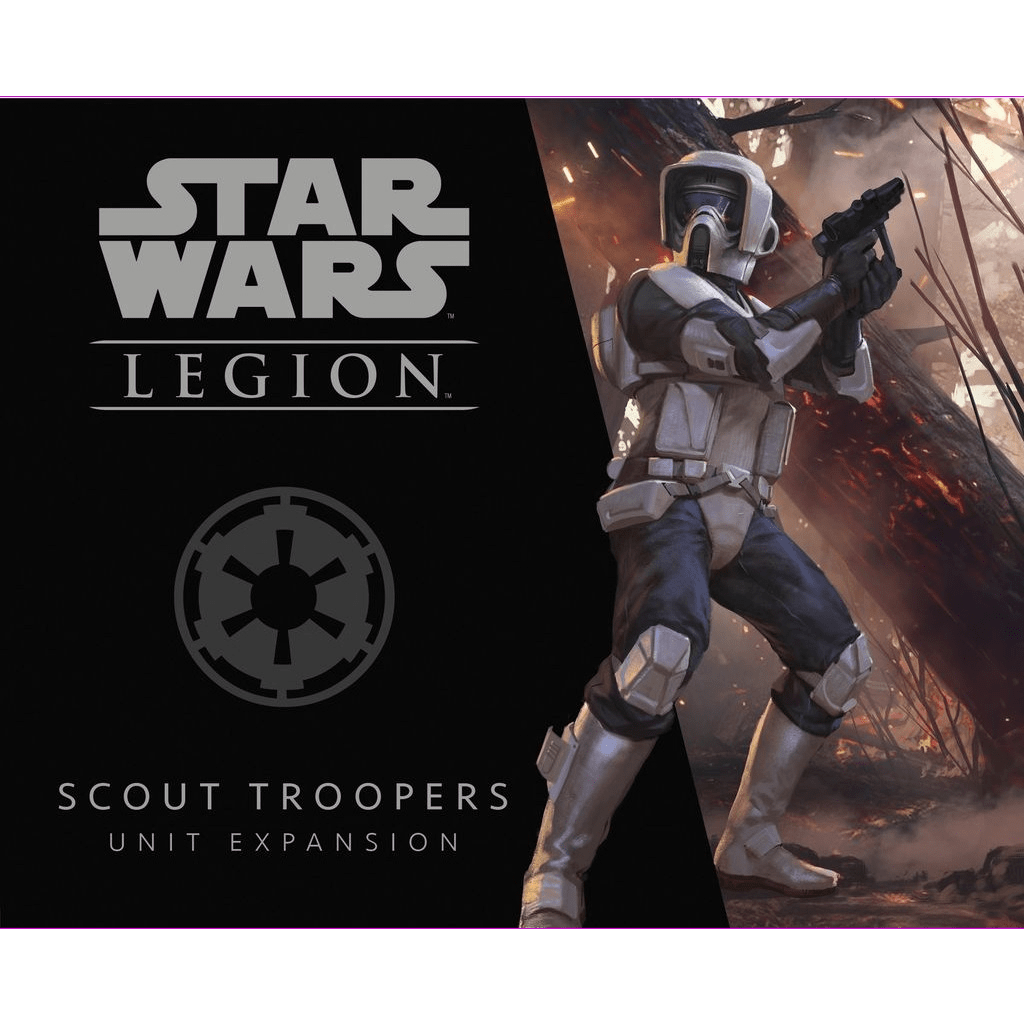 The Star Wars: Legion Scout Troopers Unit Expansion by Fantasy Flight Games features a miniatures scout trooper in white and black armor aiming a blaster, with the Galactic Empire symbol on a black box.