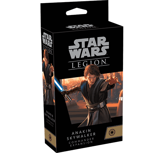 A box for Fantasy Flight Games' Star Wars: Legion – Anakin Skywalker Commander Expansion, featuring art of Anakin with his blue lightsaber—ideal for commanding Republic forces in your miniature battles.