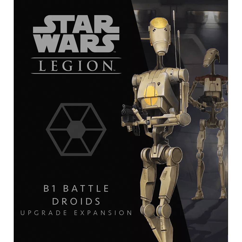 Box art for Fantasy Flight Games’ Star Wars: Legion – B1 Battle Droids Upgrade Expansion shows two tan droids—one aiming a blaster, the other behind—ideal for boosting your Clone Wars miniatures collection.