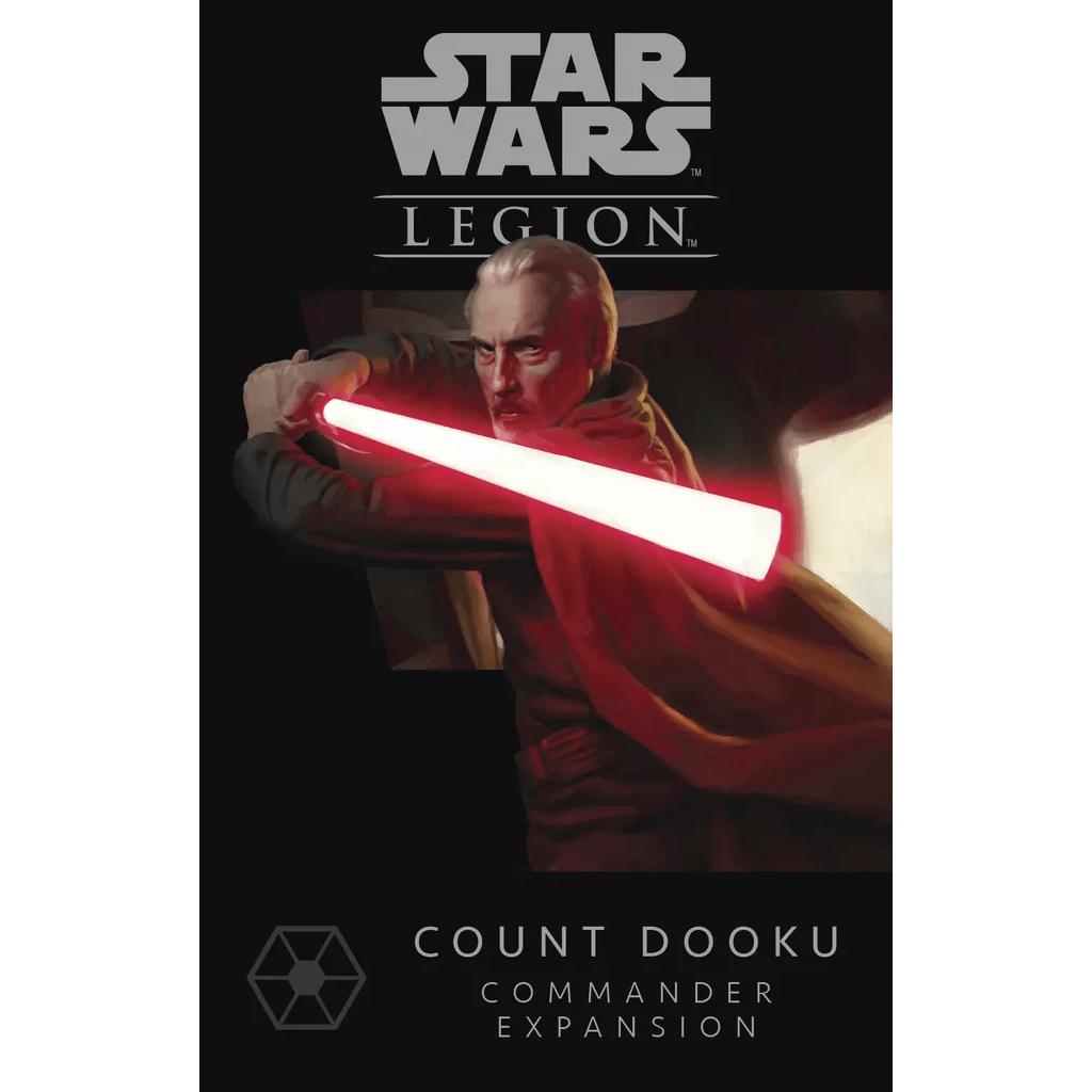 Box art for the Fantasy Flight Games Star Wars: Legion – Count Dooku Commander Expansion shows Count Dooku with a red lightsaber, with the Star Wars: Legion logo above and the expansion title below the artwork.