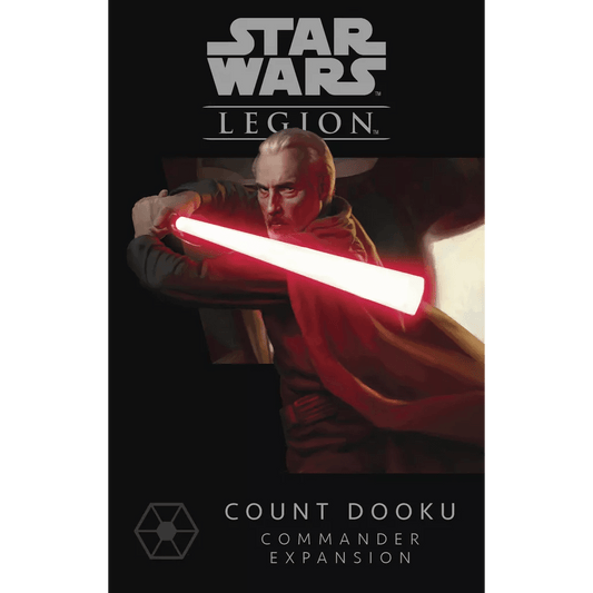Box art for the Fantasy Flight Games Star Wars: Legion – Count Dooku Commander Expansion shows Count Dooku with a red lightsaber, with the Star Wars: Legion logo above and the expansion title below the artwork.